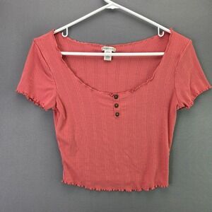 Bozzolo Henley Crop Top Womens Medium Pink Ribbed Lettuce Trim HT18545